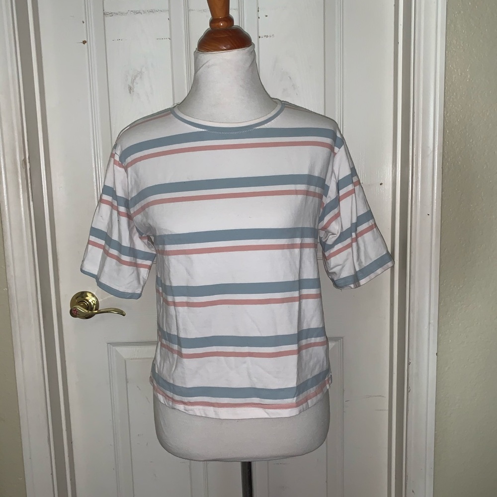 White blue and pink striped t-shirt